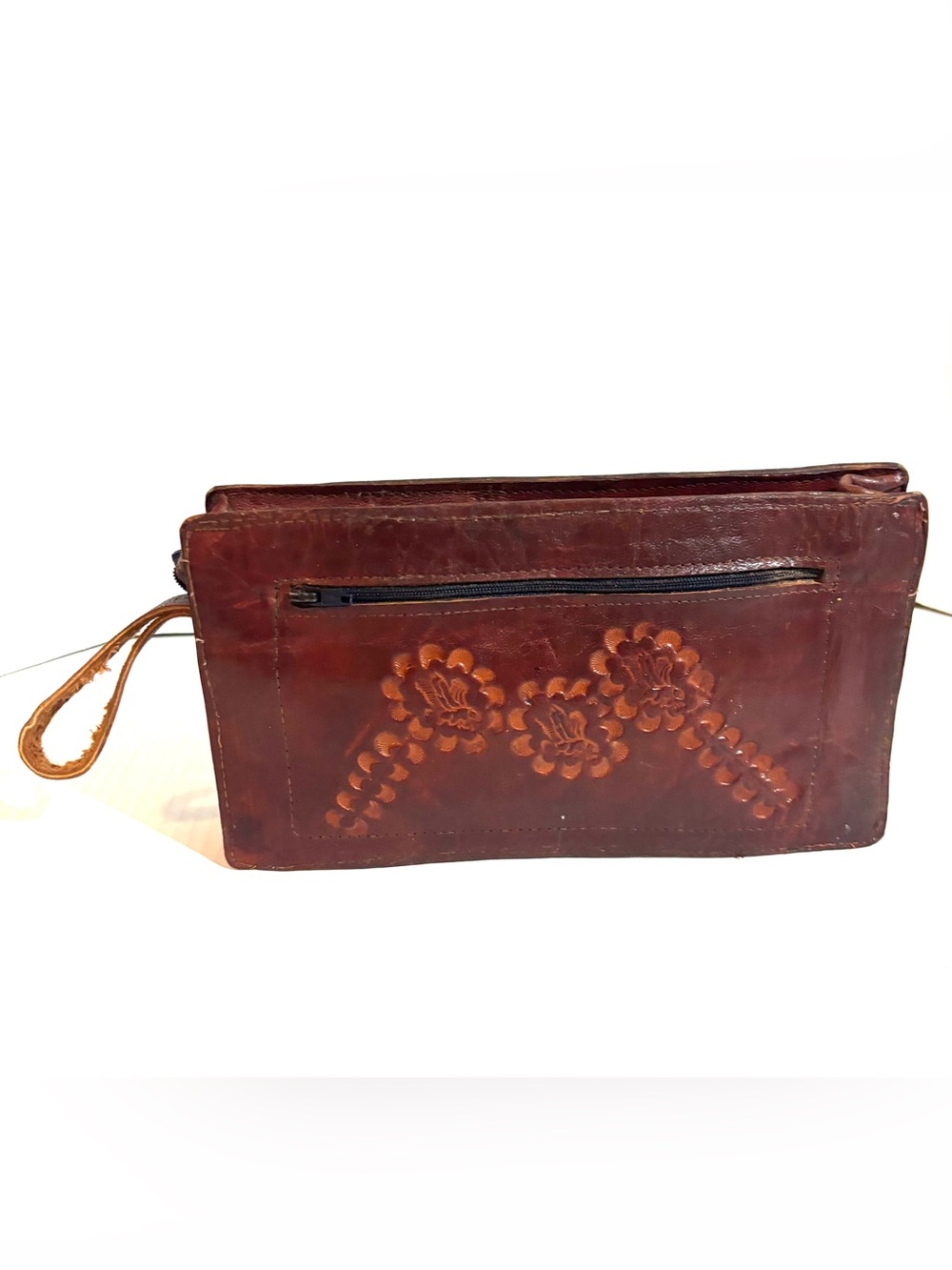 Vintage Brown Floral Embossed Leather Wristlet Clutch